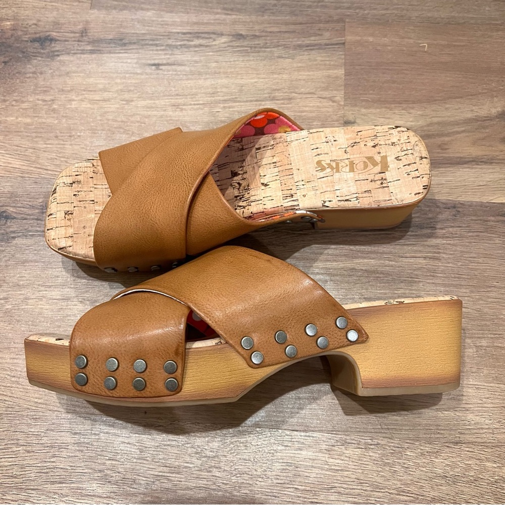 Korks Tan Leather Mules‎ with Block Heel